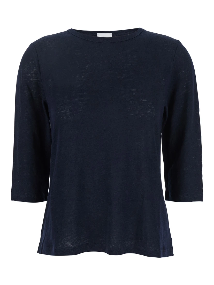 Blue T-Shirt with Boat Neckline and Long Sleeves in Linen Woman