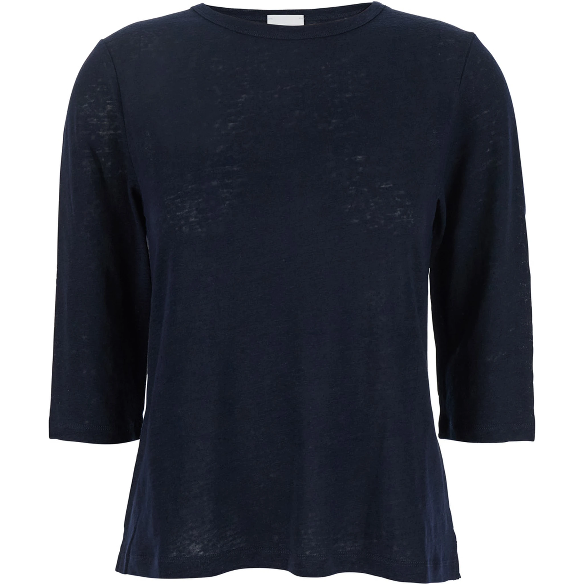 Blue T-Shirt with Boat Neckline and Long Sleeves in Linen Woman