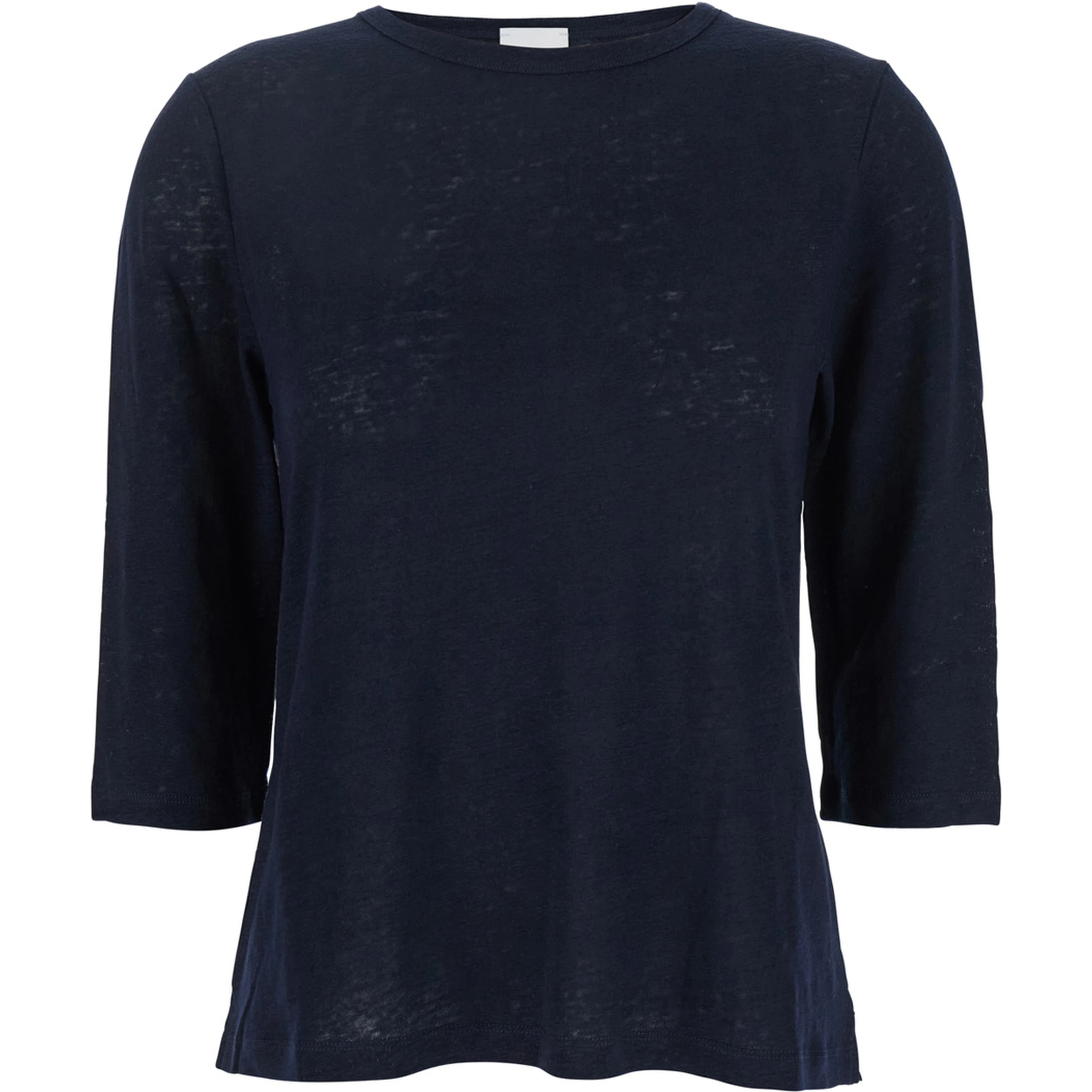 Blue T-Shirt with Boat Neckline and Long Sleeves in Linen Woman