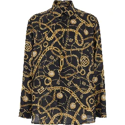 Black Shirt With Pointed Collar and Chain Print With Logo in Silk Man
