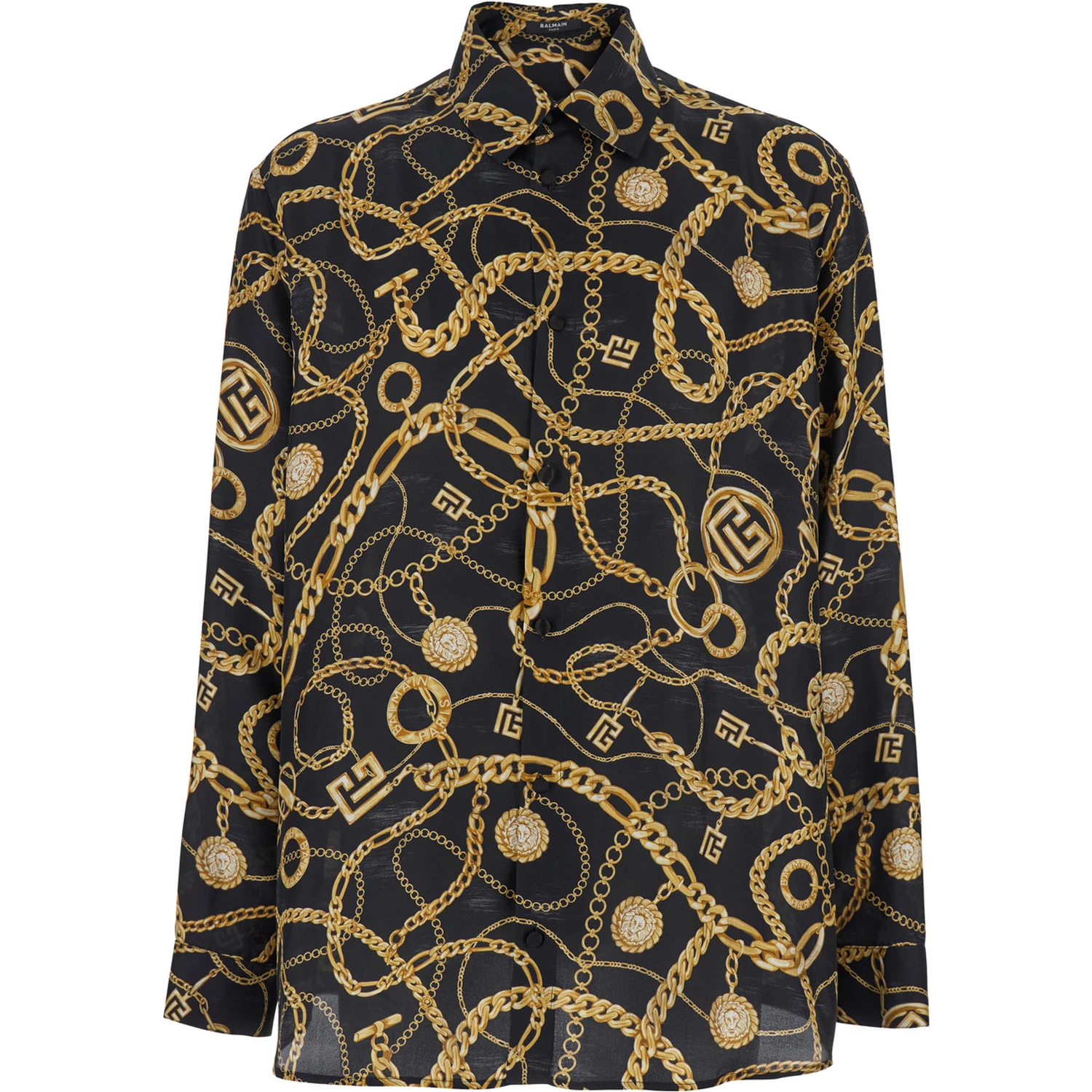 Black Shirt With Pointed Collar and Chain Print With Logo in Silk Man
