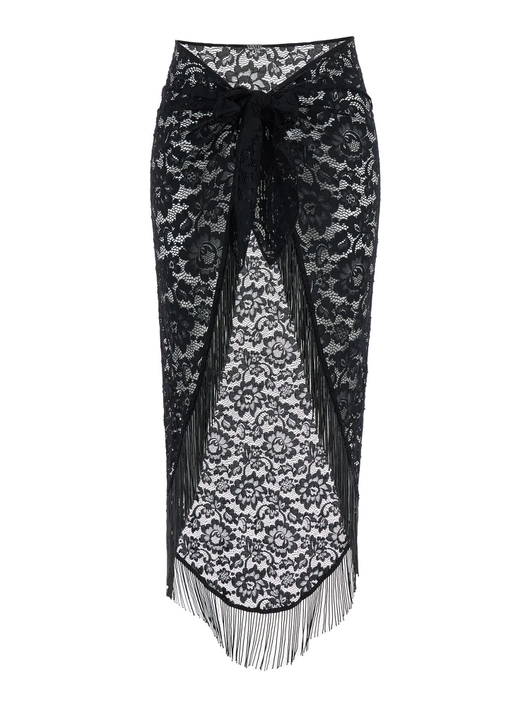 Bohemia Black Skirt with Fringed Hem and All-Over Lace Embroidery in Tech Fabric Stretch Woman