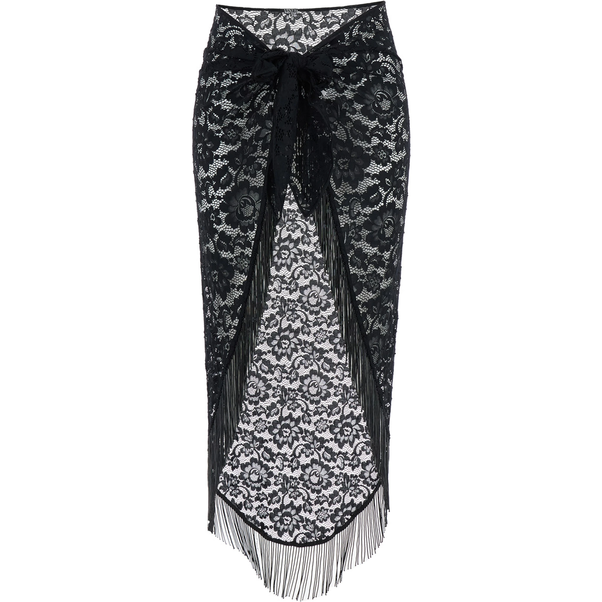 Bohemia Black Skirt with Fringed Hem and All-Over Lace Embroidery in Tech Fabric Stretch Woman