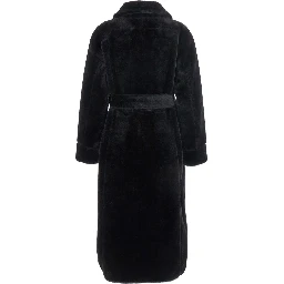 Black Shearling Coat with Classic Collar and Waist Belt in Faux Fur Woman