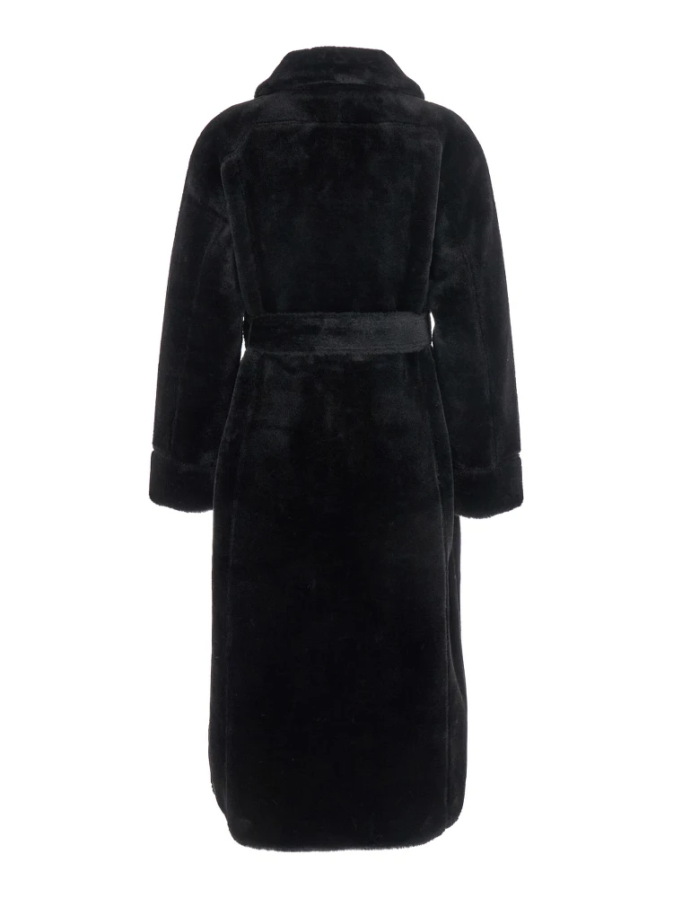 Black Shearling Coat with Classic Collar and Waist Belt in Faux Fur Woman alternative