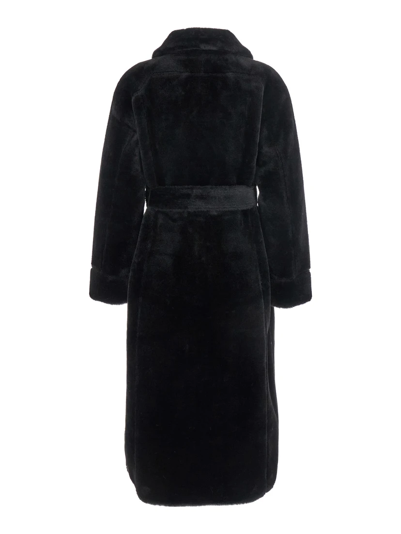 Black Shearling Coat with Classic Collar and Waist Belt in Faux Fur Woman