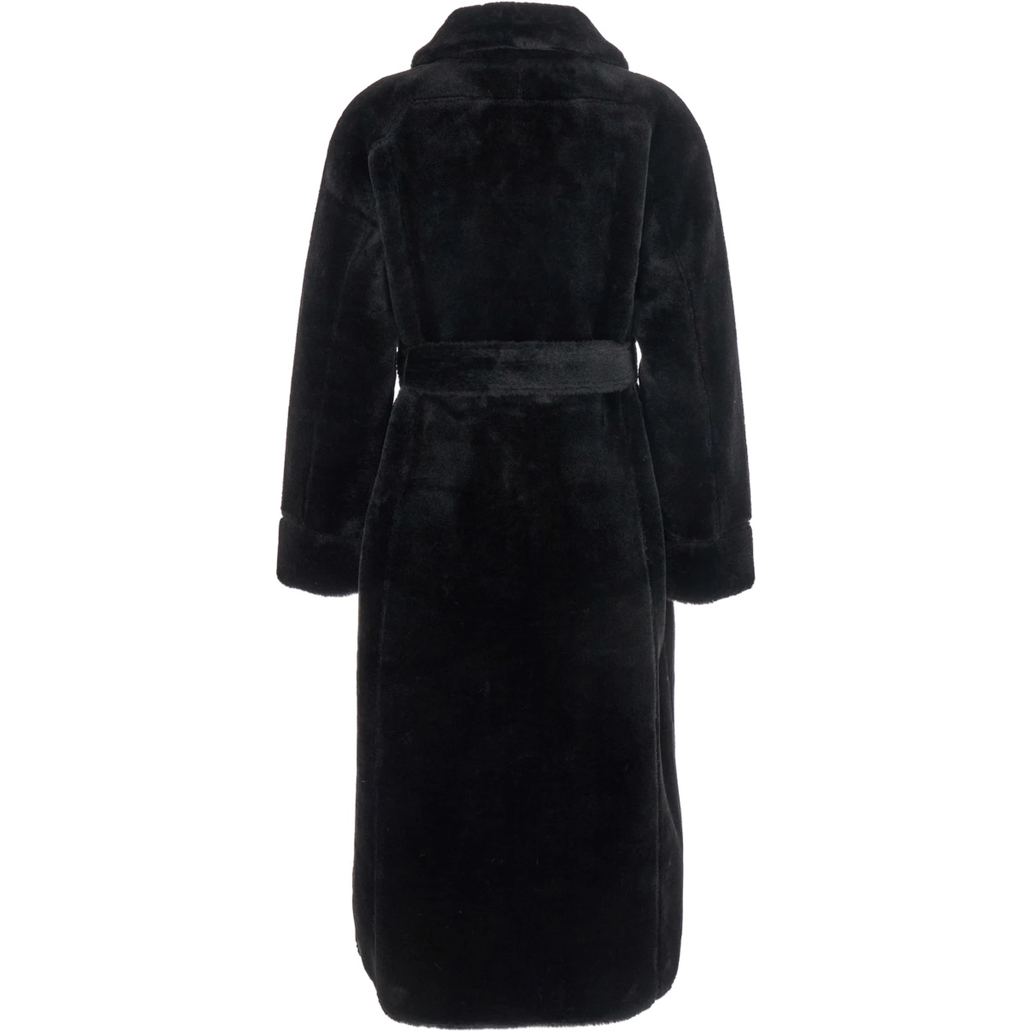 Black Shearling Coat with Classic Collar and Waist Belt in Faux Fur Woman