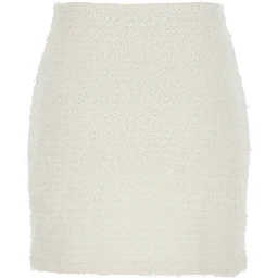 White Miniskirt with Pearl Embellishments and Button Detail in Tech Fabric Woman
