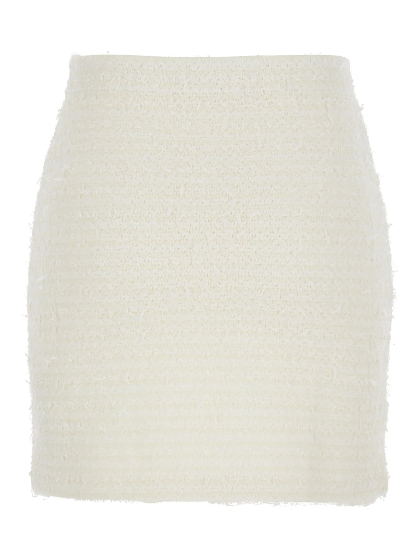 White Miniskirt with Pearl Embellishments and Button Detail in Tech Fabric Woman