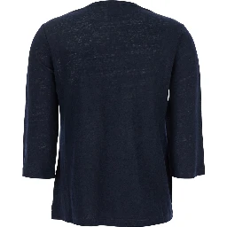 Blue T-Shirt with Boat Neckline and Long Sleeves in Linen Woman