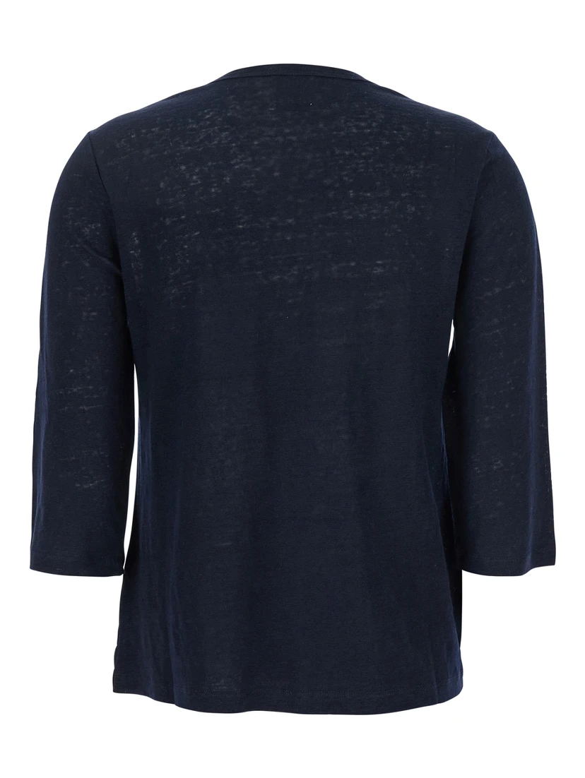 Blue T-Shirt with Boat Neckline and Long Sleeves in Linen Woman