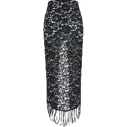Bohemia Black Skirt with Fringed Hem and All-Over Lace Embroidery in Tech Fabric Stretch Woman