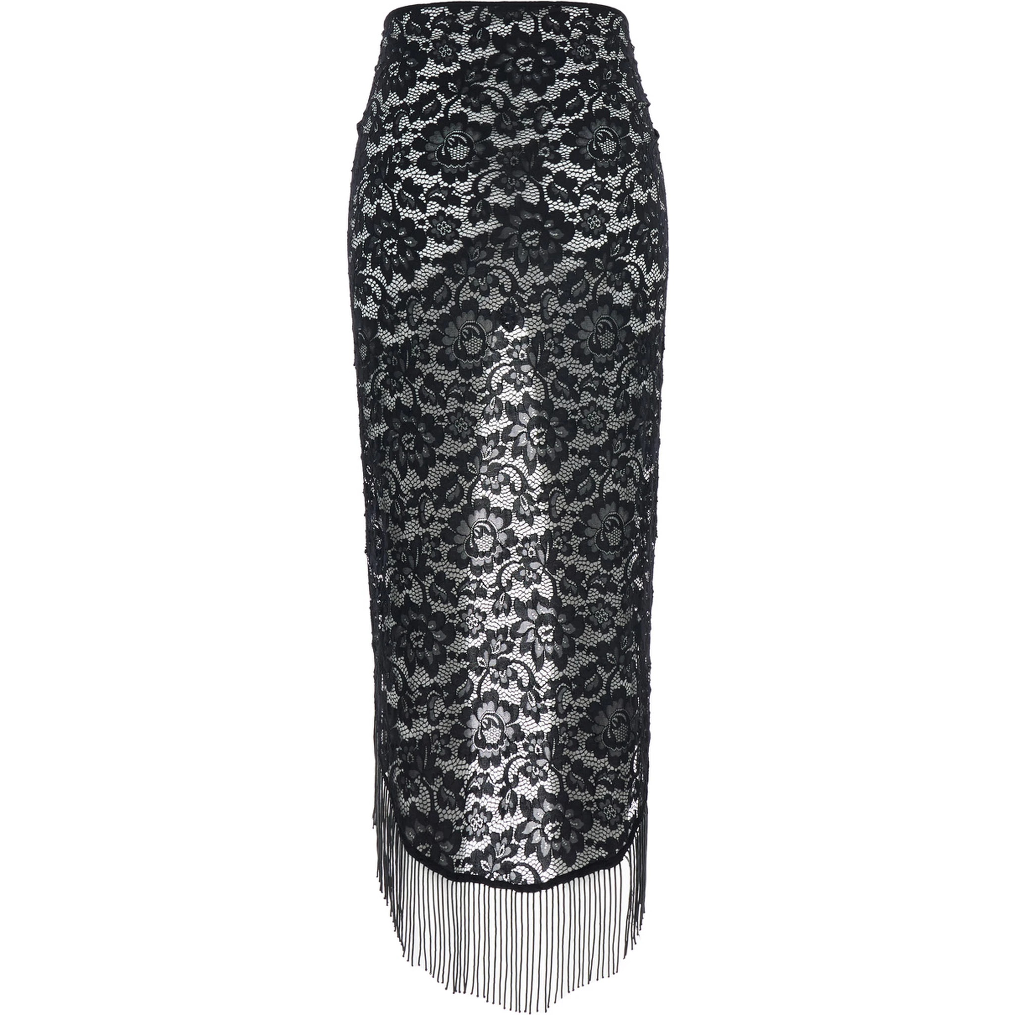 Bohemia Black Skirt with Fringed Hem and All-Over Lace Embroidery in Tech Fabric Stretch Woman