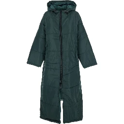 Green Down Jacket with Fixed Hood and Long Design in Tech Fabric Woman