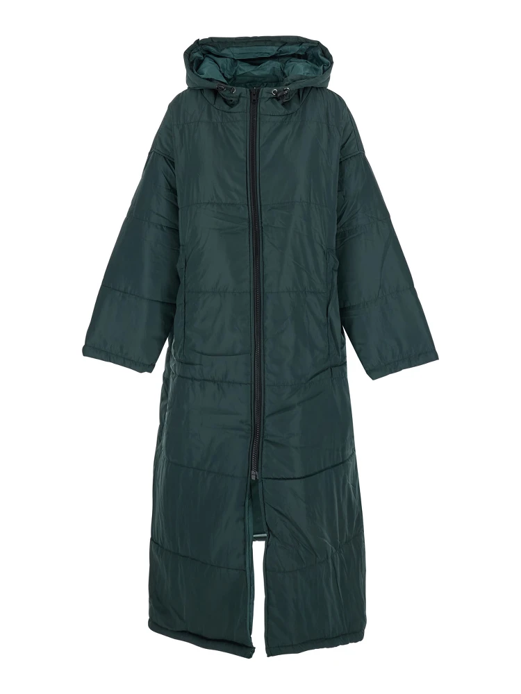 Green Down Jacket with Fixed Hood and Long Design in Tech Fabric Woman