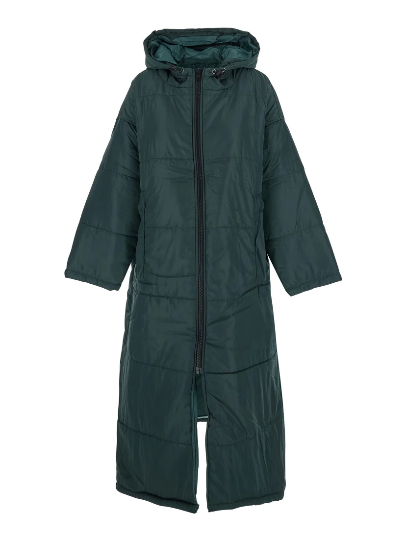 Green Down Jacket with Fixed Hood and Long Design in Tech Fabric Woman