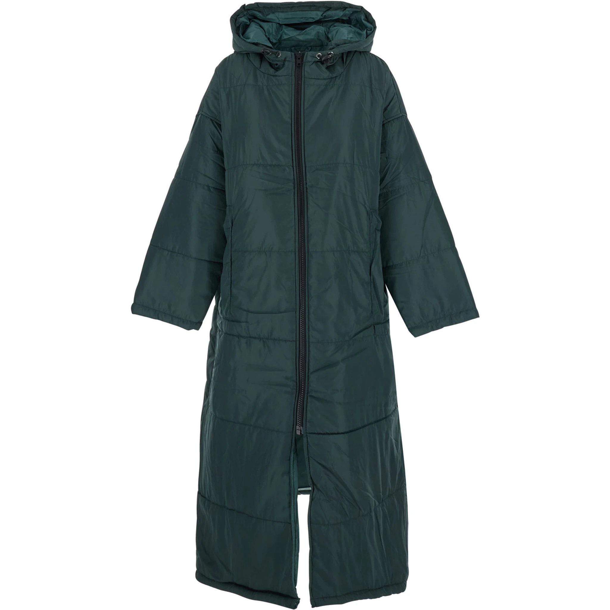 Green Down Jacket with Fixed Hood and Long Design in Tech Fabric Woman