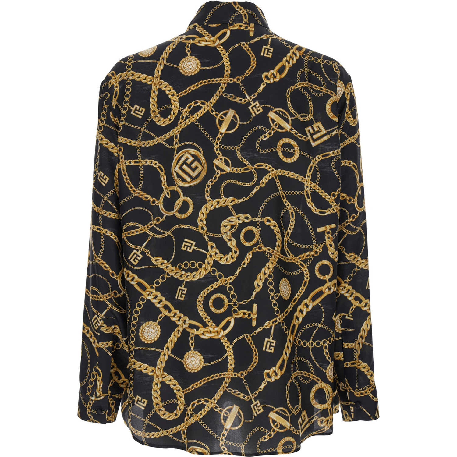 Black Shirt With Pointed Collar and Chain Print With Logo in Silk Man