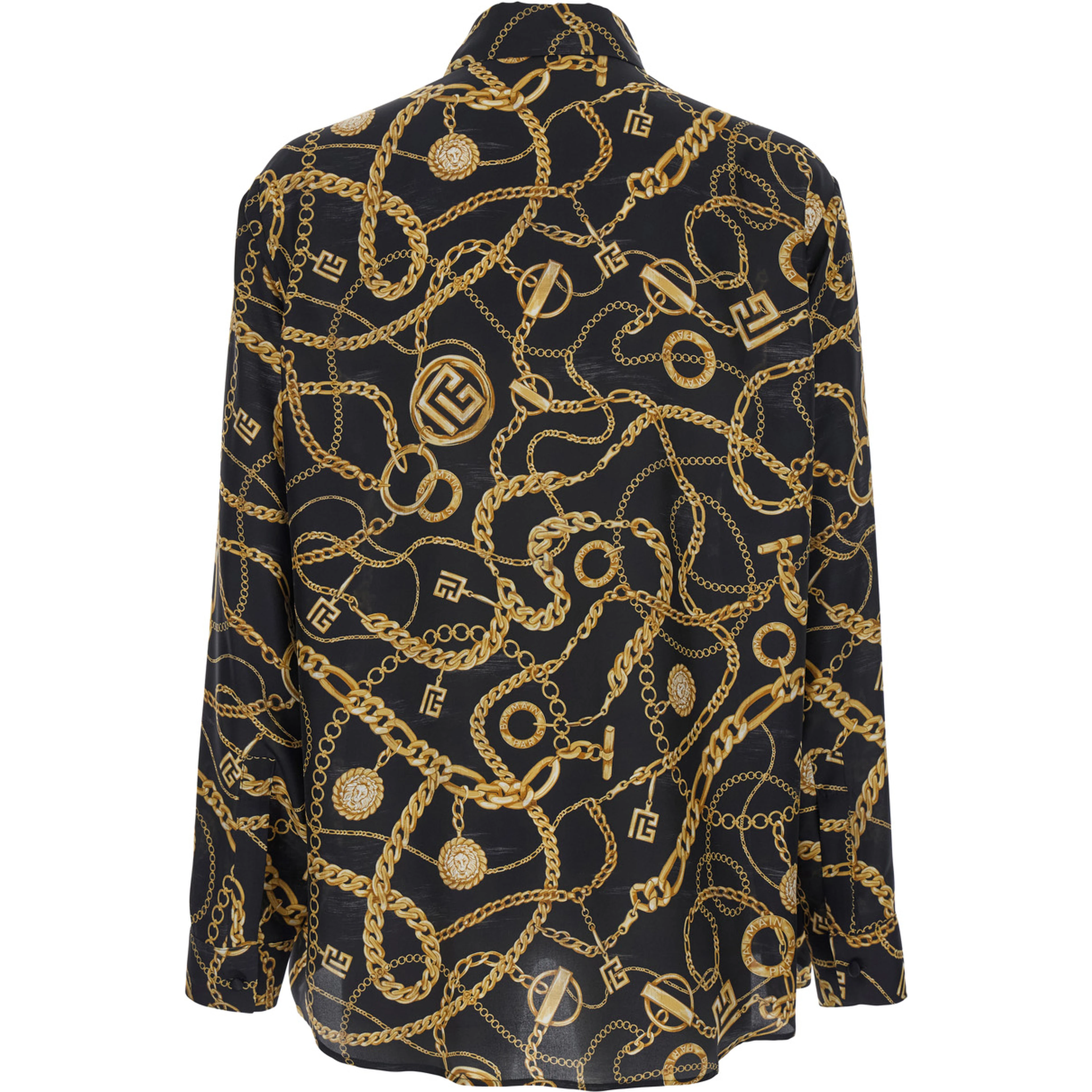 Black Shirt With Pointed Collar and Chain Print With Logo in Silk Man