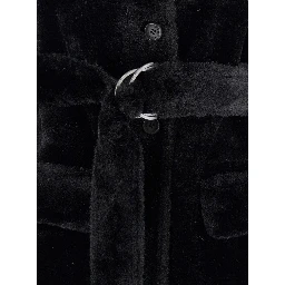 Black Shearling Coat with Classic Collar and Waist Belt in Faux Fur Woman