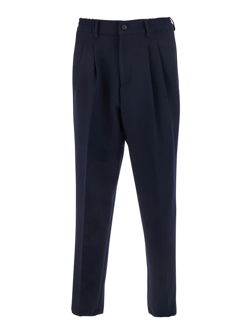 Blue Pants with Elastic Waist and Belt Loops in Cotton Man