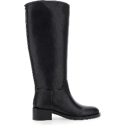Black Knee High Boots with Block Heel in Leather Woman