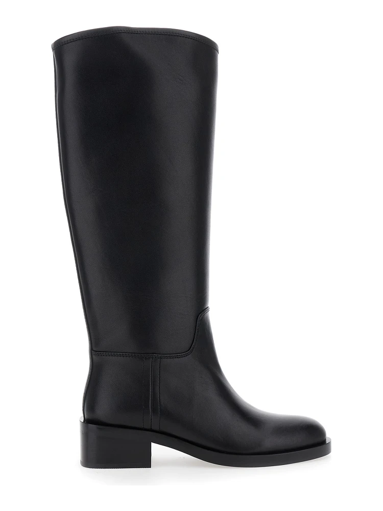 Black Knee High Boots with Block Heel in Leather Woman
