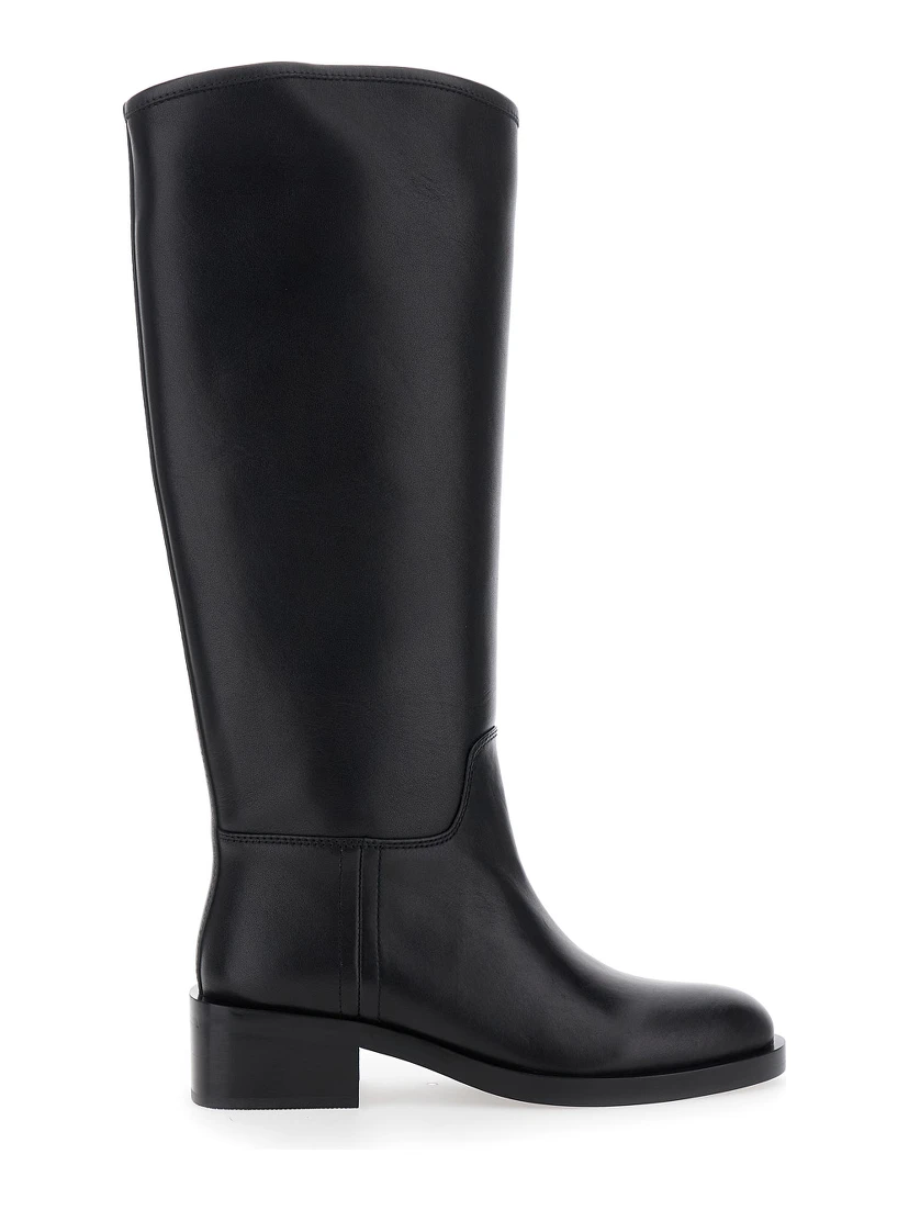 Black Knee High Boots with Block Heel in Leather Woman