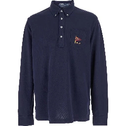 "Classic Fit" Blue Polo with Classic Collar and Embroidered Logo on the Front in Cotton Mesh Man