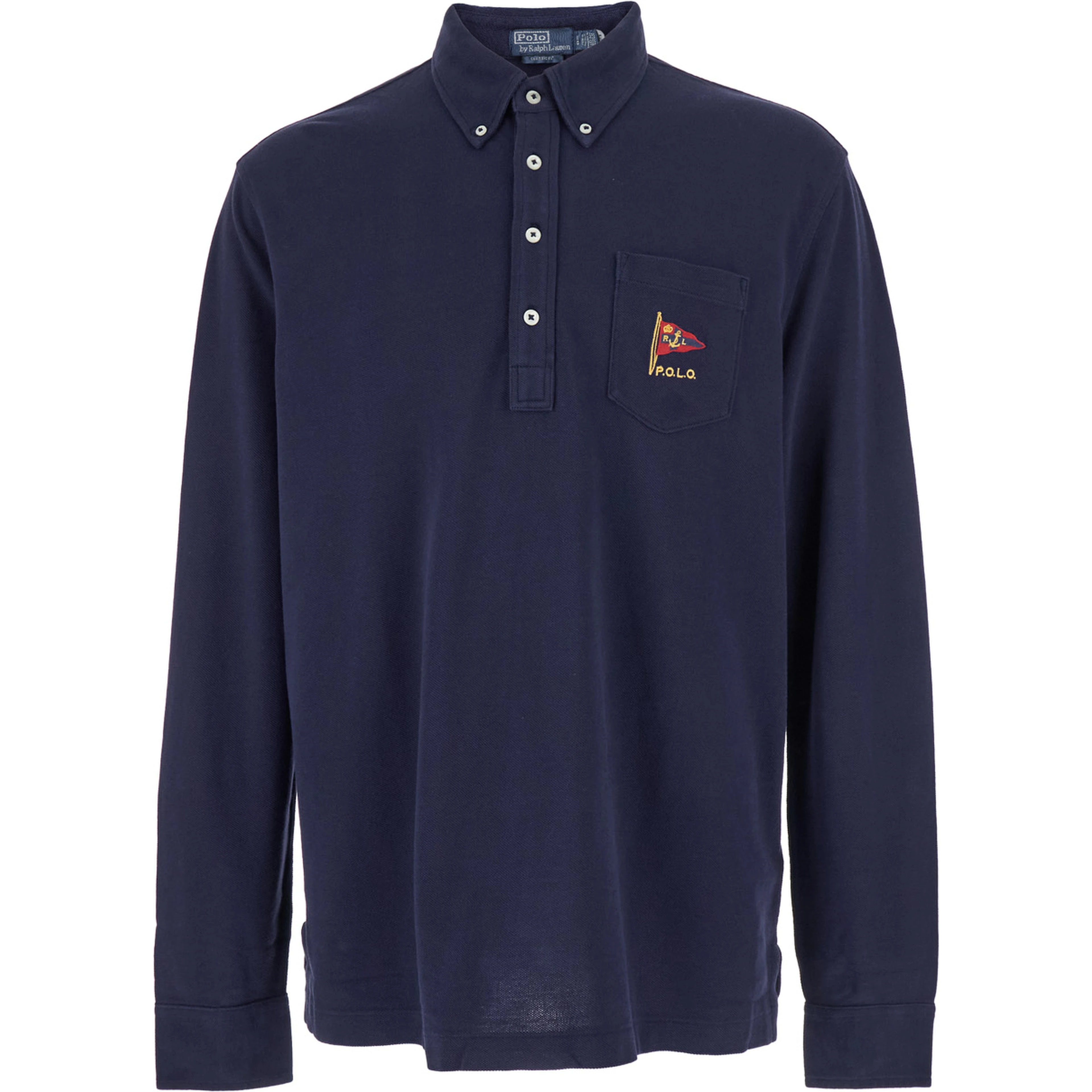 "Classic Fit" Blue Polo with Classic Collar and Embroidered Logo on the Front in Cotton Mesh Man