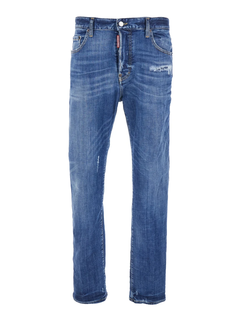 Blue Jeans with Ripped Details and Logo Patch on the Rear in Denim Man