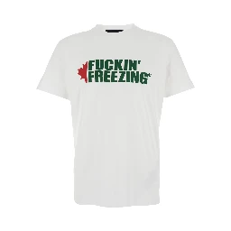 White Crewneck T-Shirt with Print on the Front and Logo Lettering on the Rear in Cotton Man
