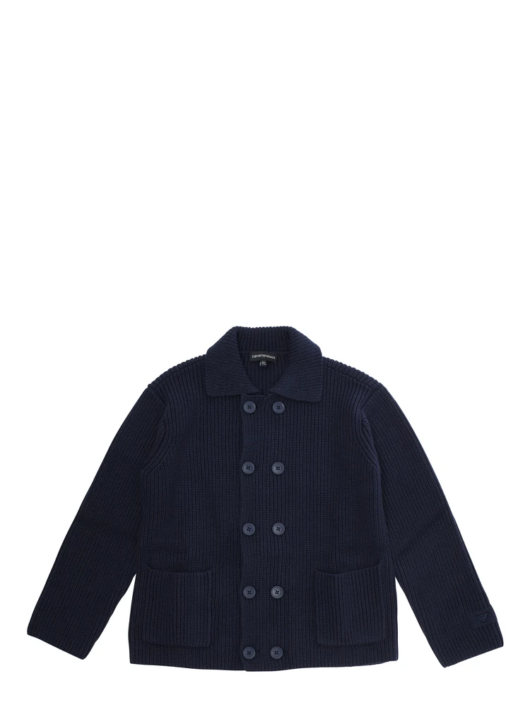 Blue Cardigan with Ribbed Design and Embroidered Logo on Front in Cotton Mix Boy