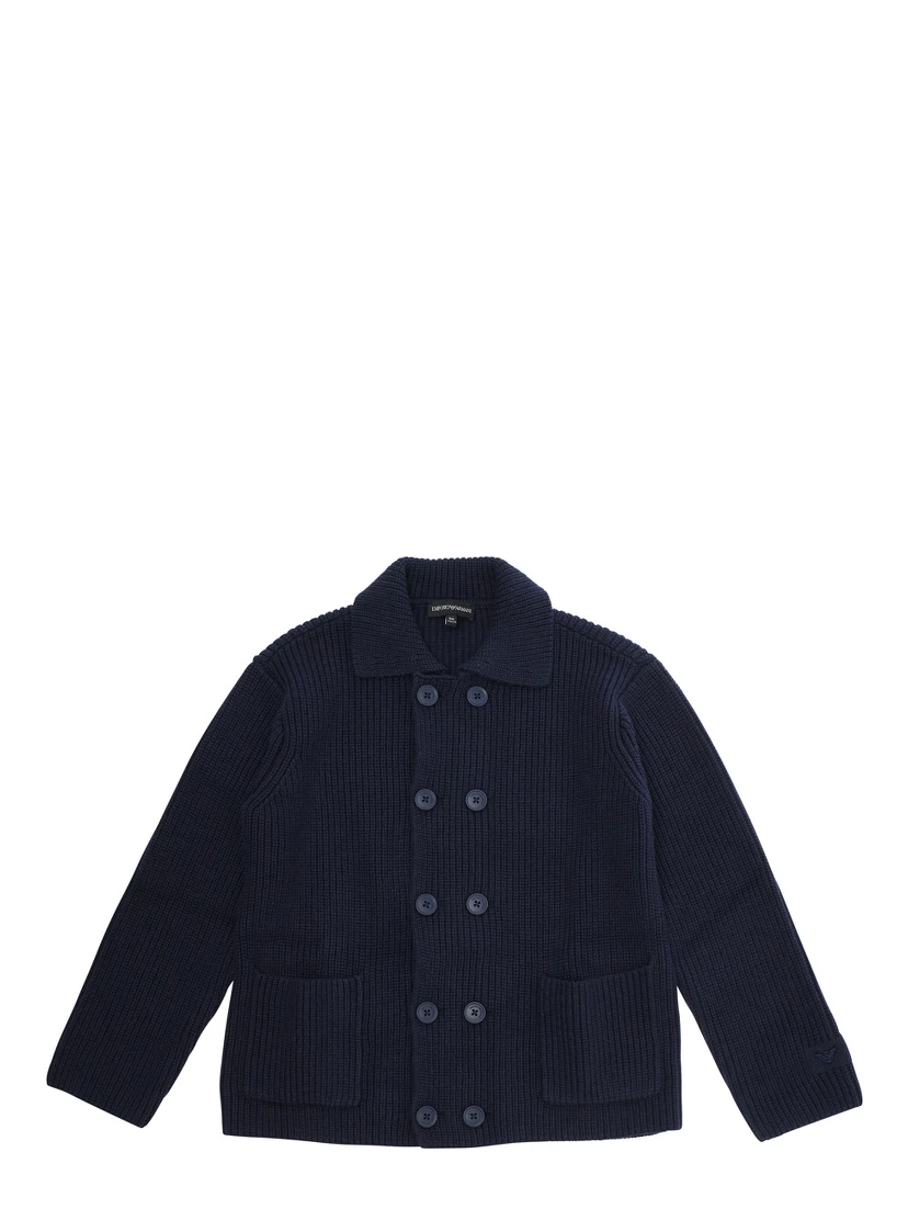 Blue Cardigan with Ribbed Design and Embroidered Logo on Front in Cotton Mix Boy