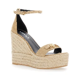 Beige Wedges with Adjustable Buckle Closure and Medusa Plaque on the Front in Leather Woman