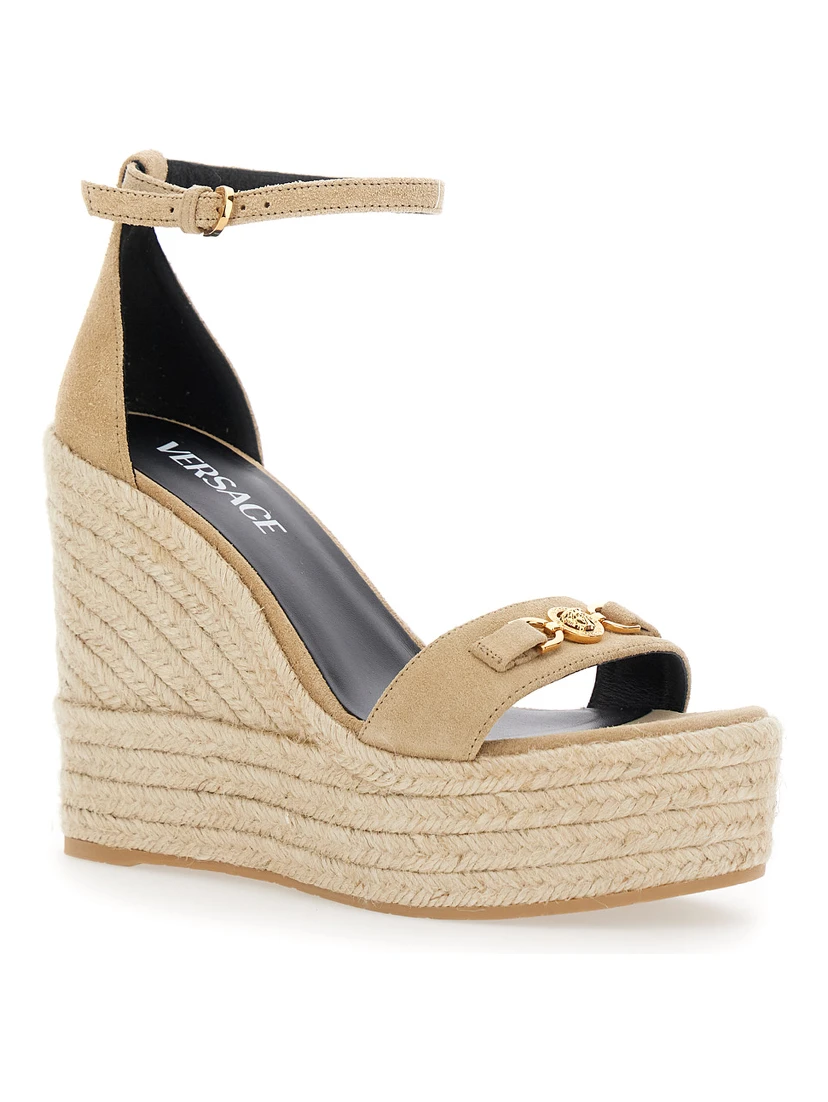 Beige Wedges with Adjustable Buckle Closure and Medusa Plaque on the Front in Leather Woman