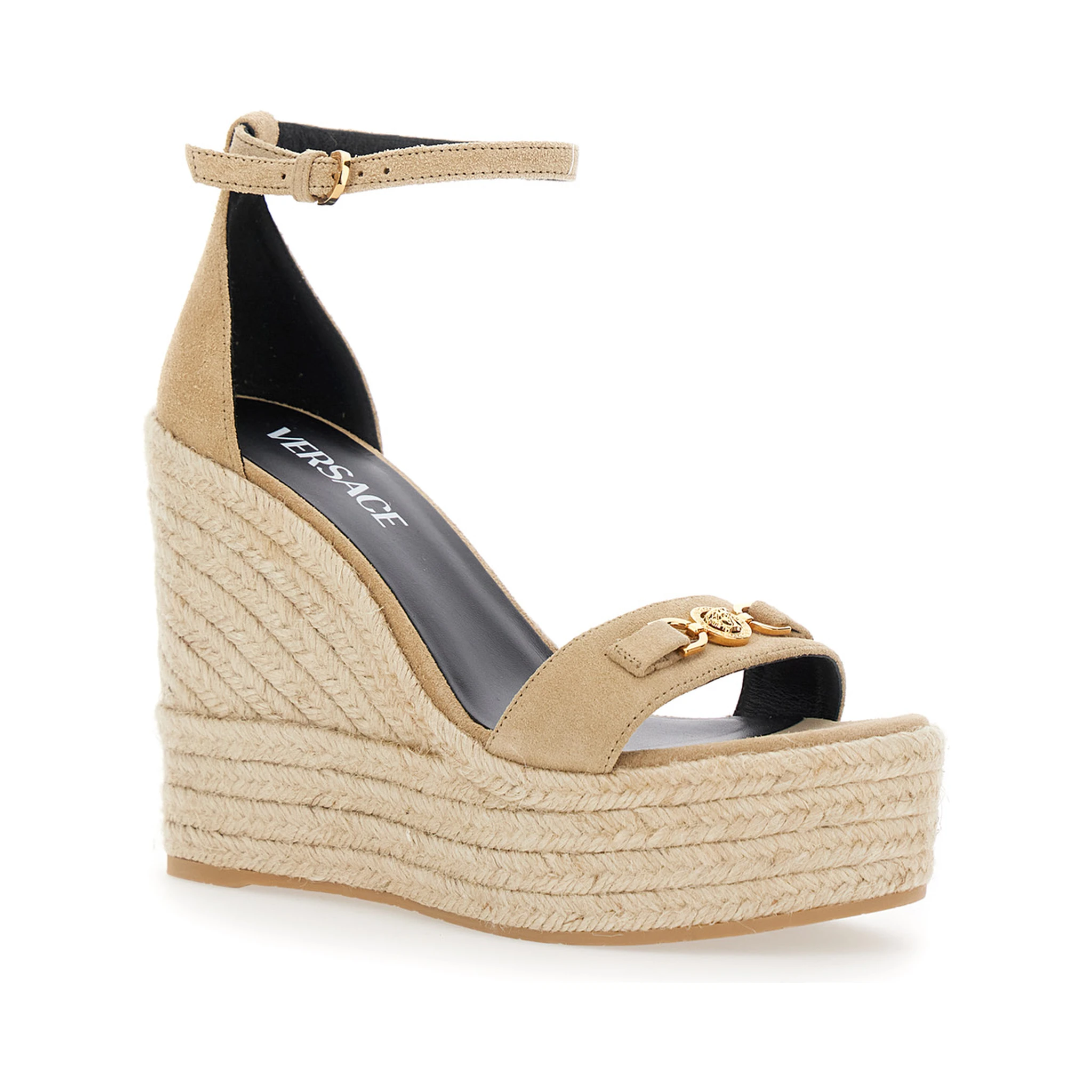 Beige Wedges with Adjustable Buckle Closure and Medusa Plaque on the Front in Leather Woman