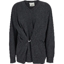 Grey V-Neck Sweater with Ring Detail at the Waist in Fabric Woman