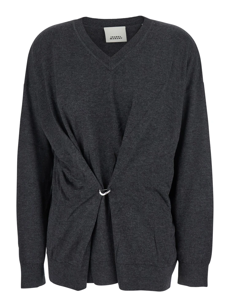 Grey V-Neck Sweater with Ring Detail at the Waist in Fabric Woman