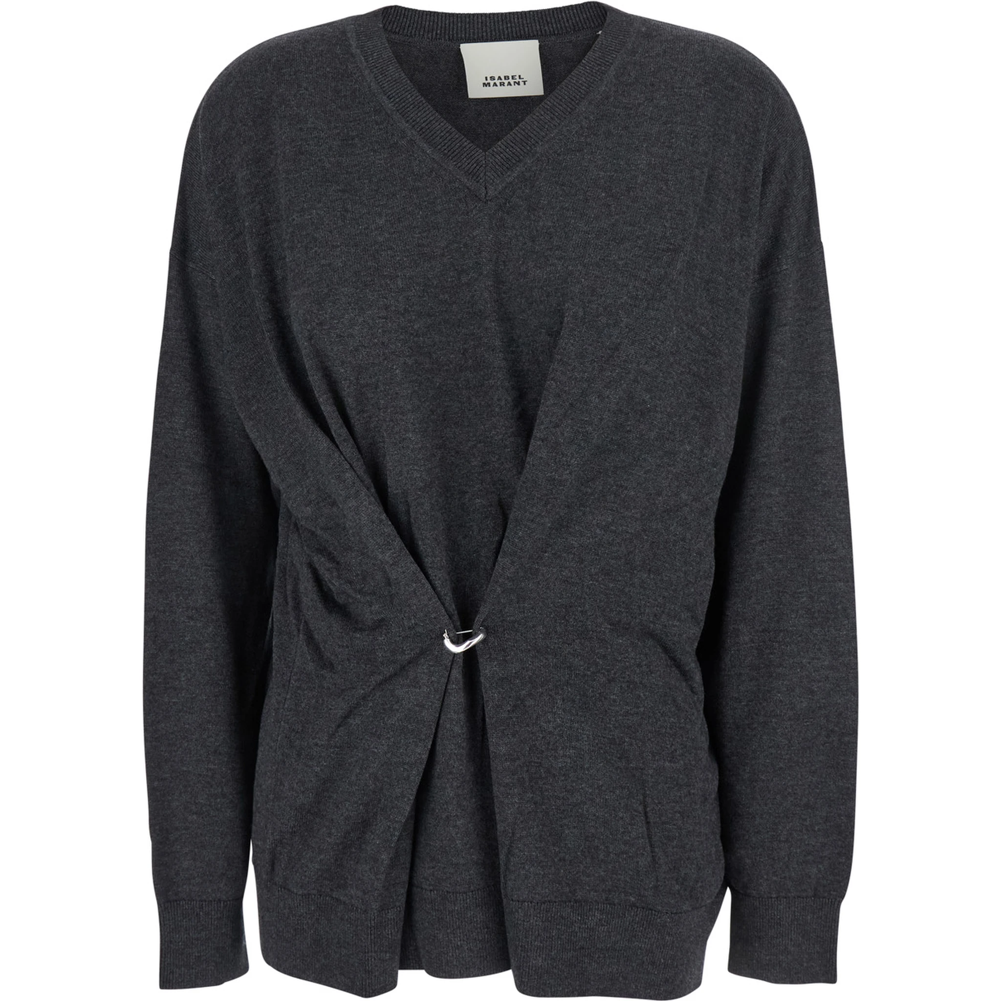 Grey V-Neck Sweater with Ring Detail at the Waist in Fabric Woman