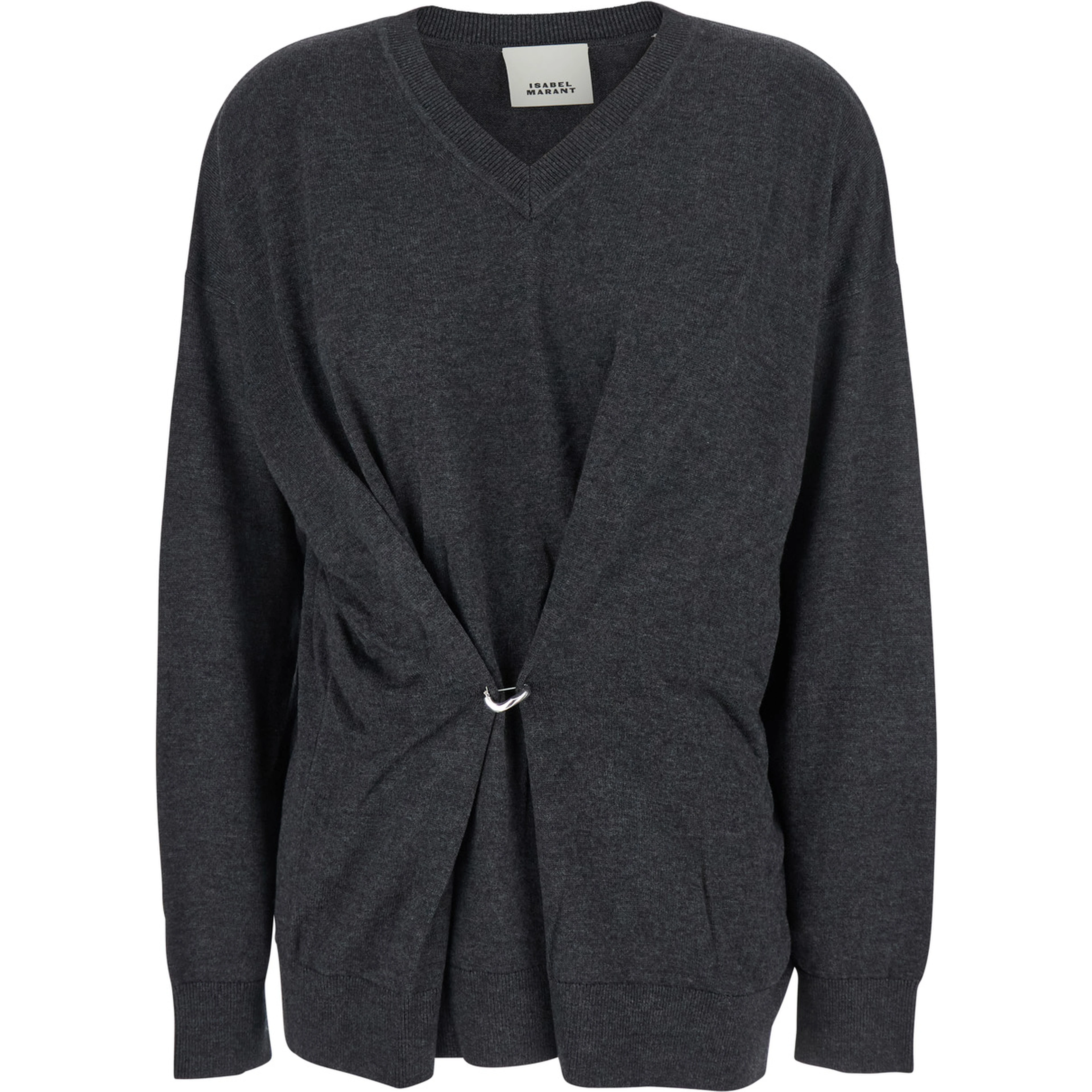 Grey V-Neck Sweater with Ring Detail at the Waist in Fabric Woman