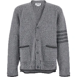 Grey Cardigan with V Neck and Striped Detail on the Sleeve in Wool Man