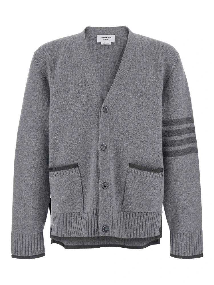 Grey Cardigan with V Neck and Striped Detail on the Sleeve in Wool Man