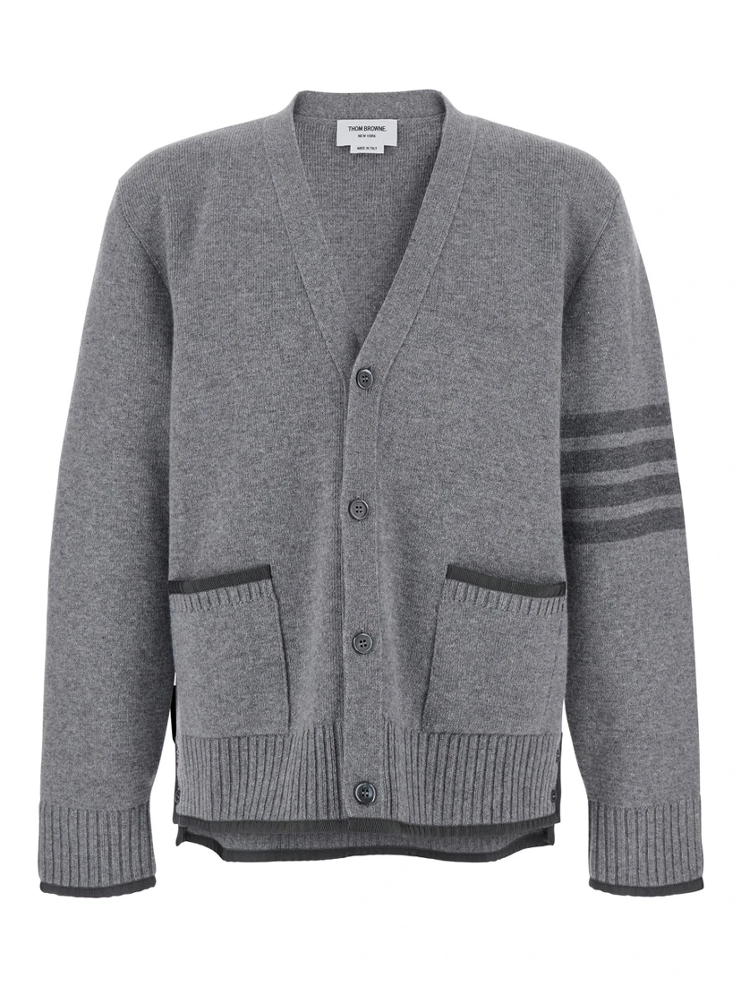 Grey Cardigan with V Neck and Striped Detail on the Sleeve in Wool Man