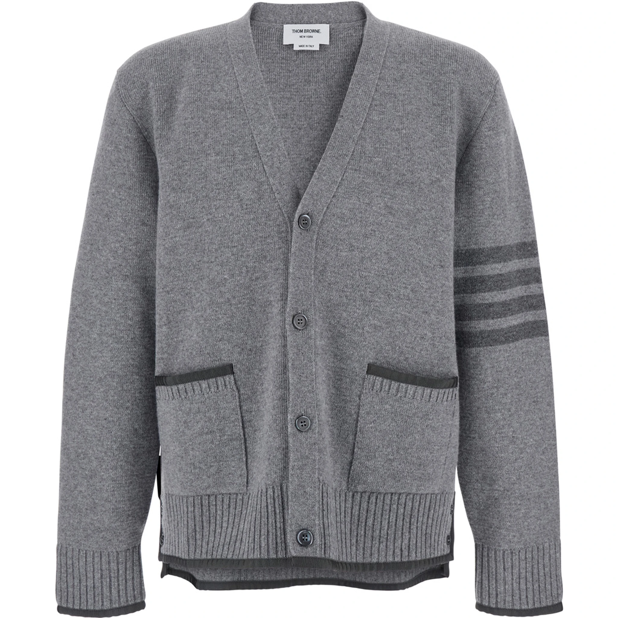 Grey Cardigan with V Neck and Striped Detail on the Sleeve in Wool Man