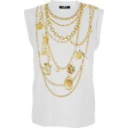 White Sleeveless Top with Maxi Necklace Print on Front and Rear in Cotton Woman