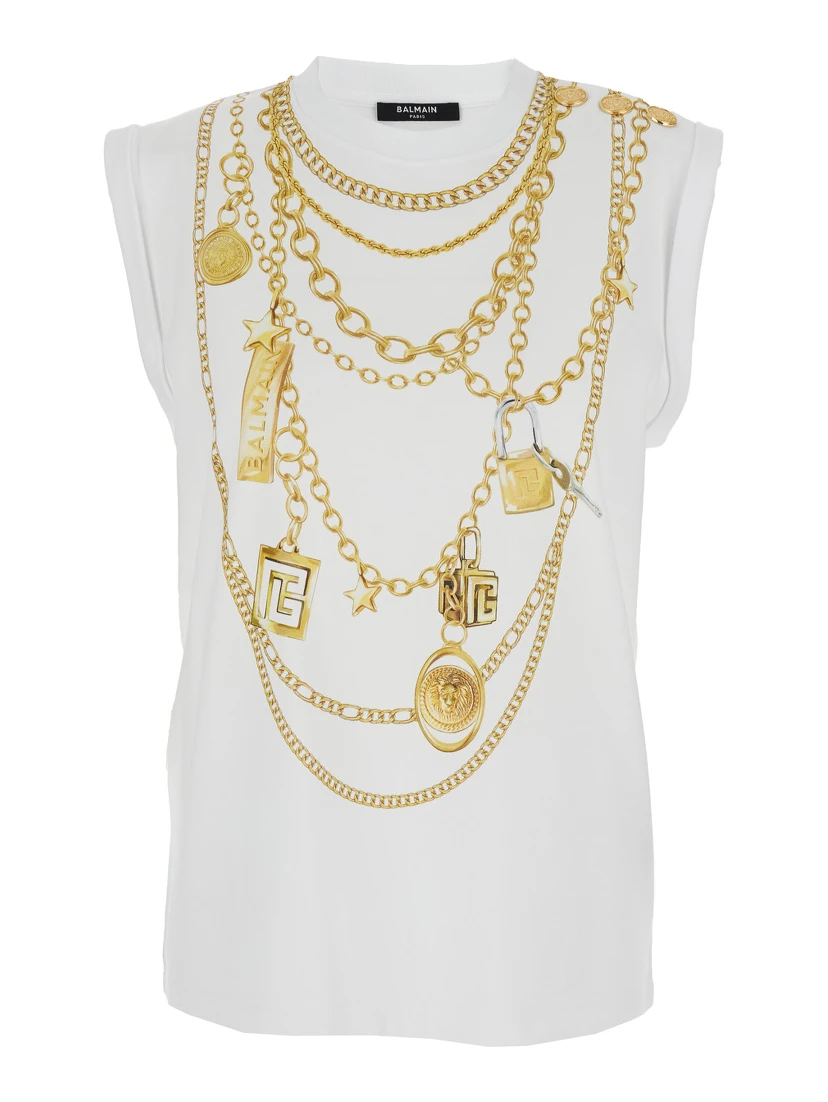 White Sleeveless Top with Maxi Necklace Print on Front and Rear in Cotton Woman