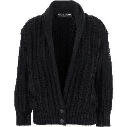 Black Cardigan with Wide Neckline on the Front in Virgin Wool Woman