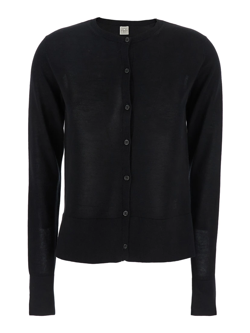 Black Crewneck Cardigan with Logo Detail on the Front in Tech Fabric Stretch Woman