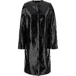 Black Coat with Front Button Closure and Embossed Crocodile Effect in Leather Woman